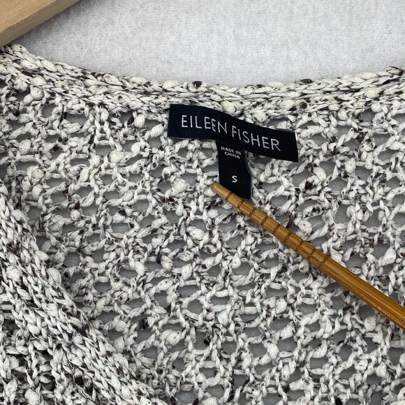 EILEEN FISHER Sweater S Cotton Marled Crochet Top V-Neck Pullover Black White - Picture 5 of 11